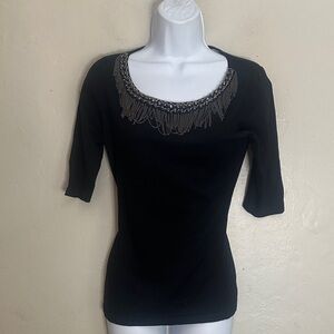Neiman Marcus Black Top with Beaded Fringe Neckline